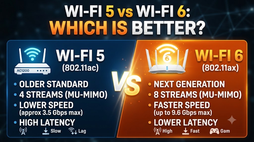 Wi-Fi 5 vs Wi-Fi 6 comparison showing differences in speed, efficiency, and connected devices