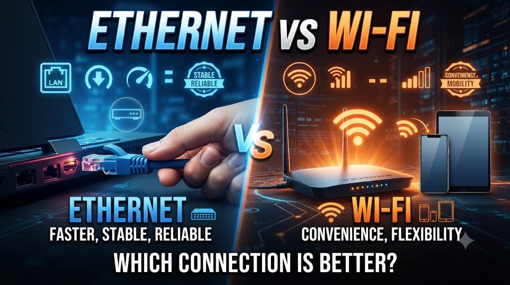 Ethernet vs Wi-Fi comparison showing wired and wireless network connections