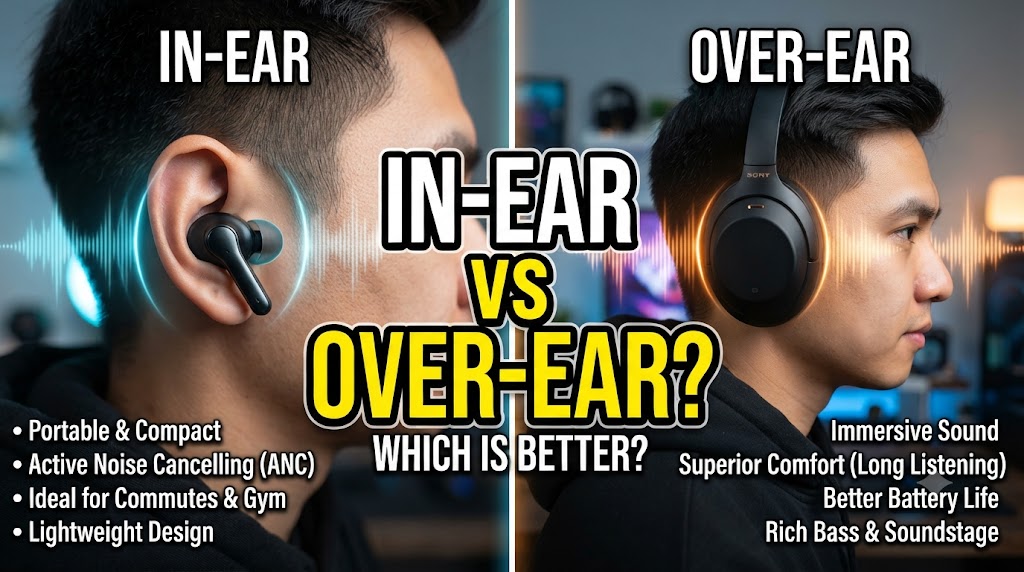 In-ear vs over-ear headphones comparison showing differences in design, portability, and comfort