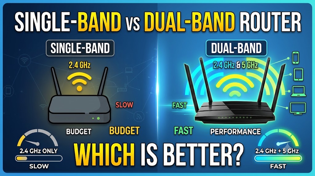 Single-band vs dual-band router comparison showing 2.4 GHz and 5 GHz Wi-Fi bands