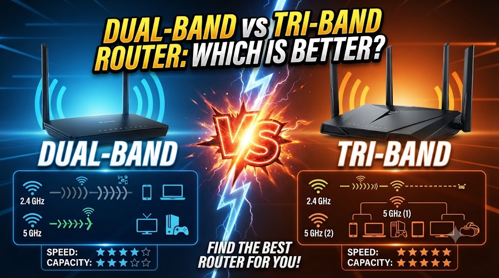 Dual-band vs tri-band router comparison showing two-band and three-band Wi-Fi configurations