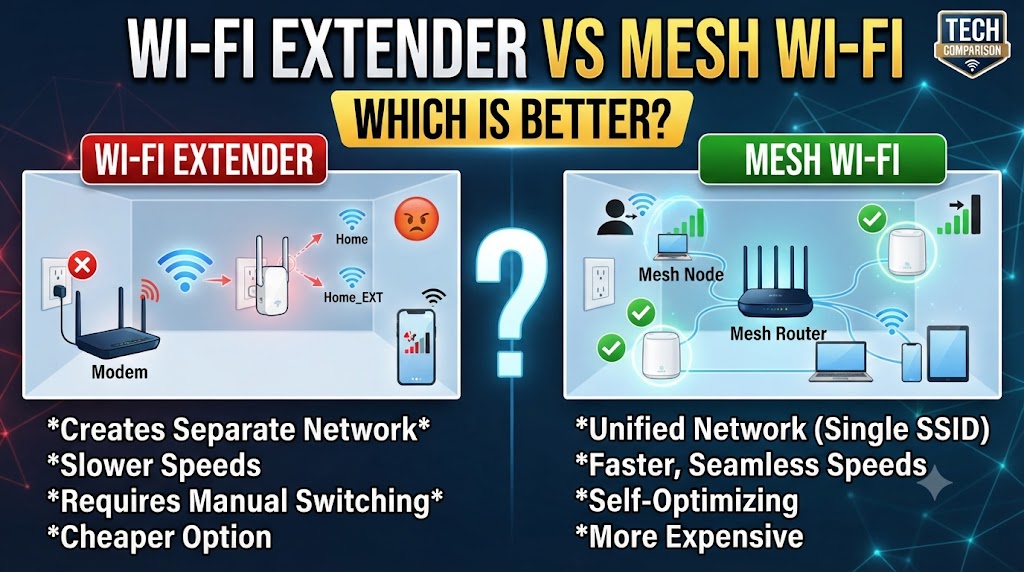 Wi-Fi Extender vs Mesh Wi-Fi comparison showing coverage and network differences