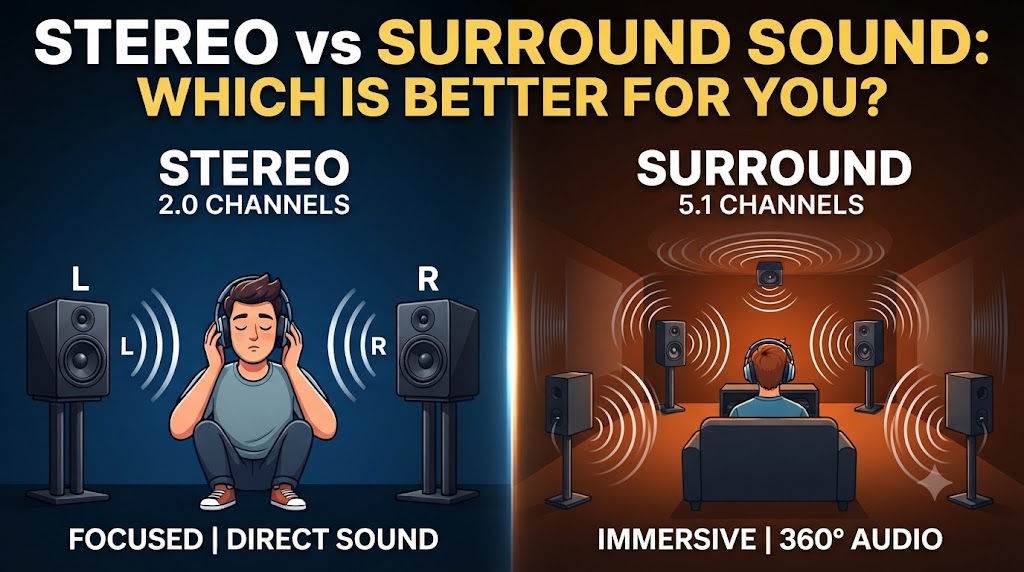 Stereo vs surround sound comparison showing two-channel and multi-channel audio setups