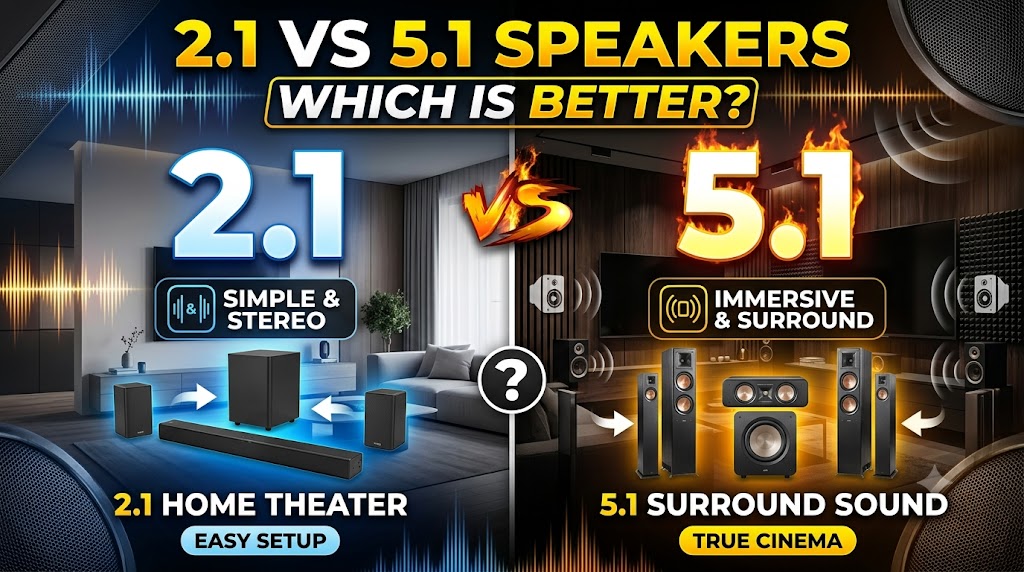 2.1 vs 5.1 speakers comparison showing stereo and surround speaker layouts