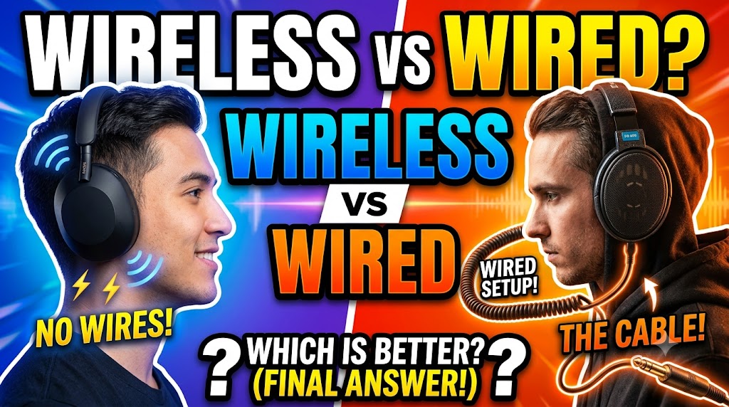 Wireless vs wired headphones comparison showing both headphone types