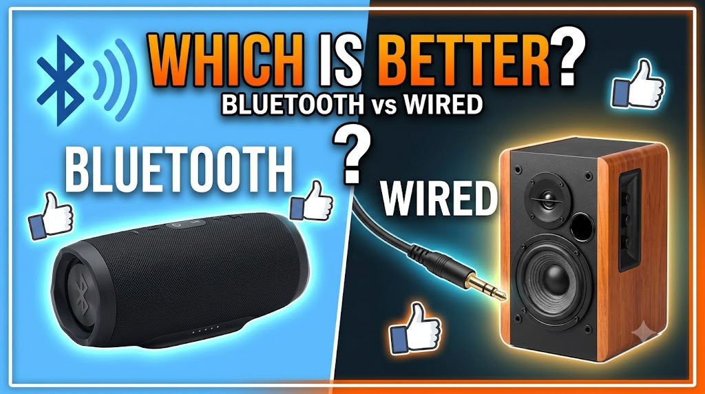 Bluetooth speaker and wired speaker compared side by side