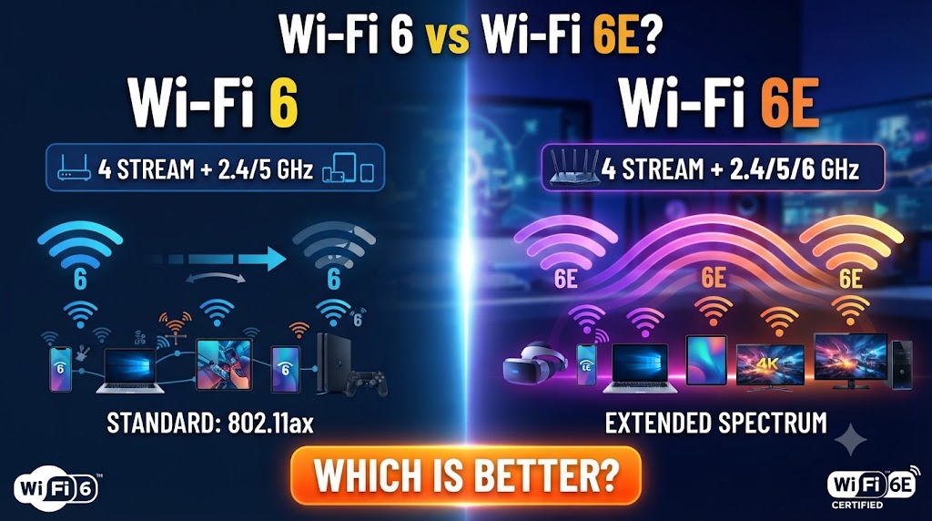 Wi-Fi 6 vs Wi-Fi 6E comparison showing 2.4GHz, 5GHz and 6GHz Wi-Fi bands