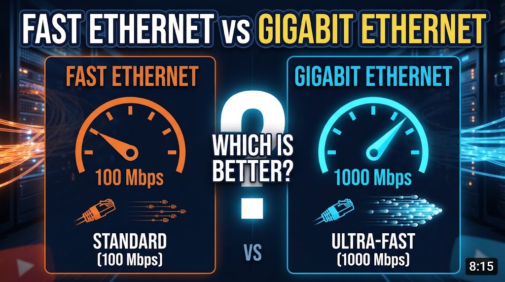 Fast Ethernet vs Gigabit Ethernet comparison showing 100 Mbps and 1 Gbps network speeds