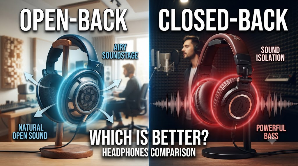 Open-back vs closed-back headphones comparison showing differences in soundstage, isolation, and sound leakage