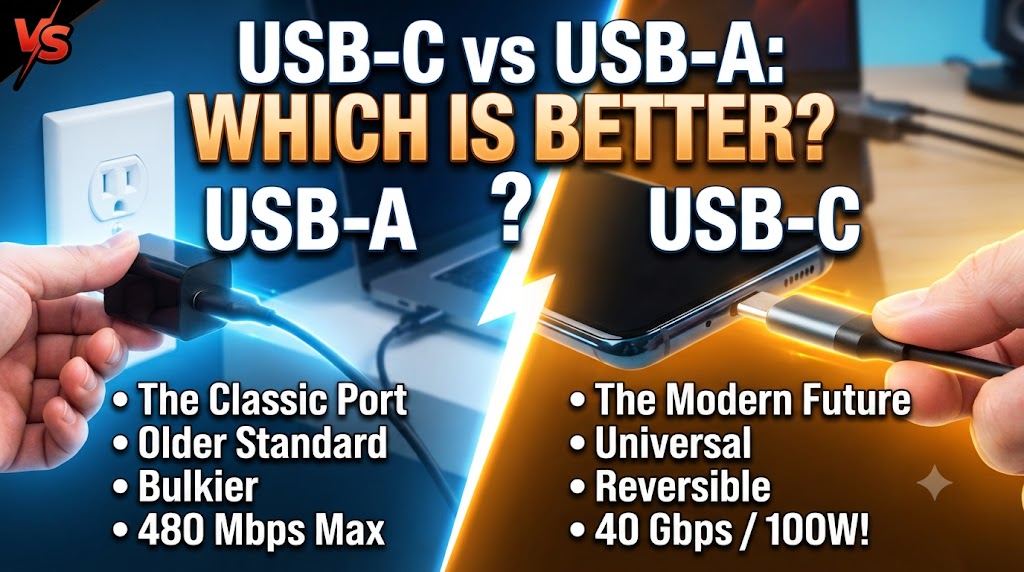 USB-C charger vs USB-A charger comparison showing both charger types side by side