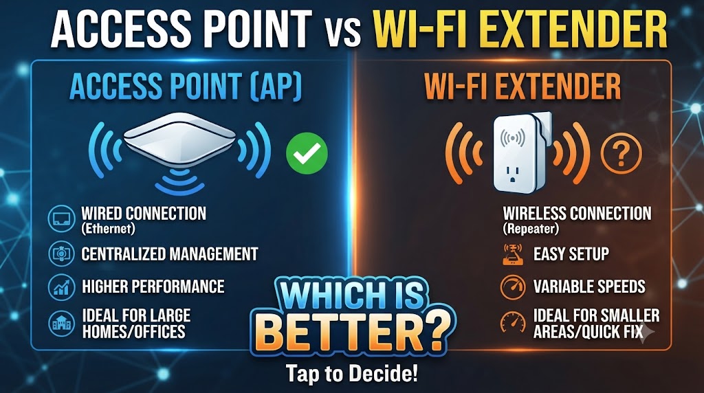 Access Point vs Wi-Fi Extender comparison showing differences in Wi-Fi coverage and connection