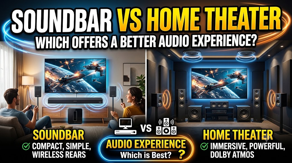 Soundbar and home theater system compared for TV and movie audio