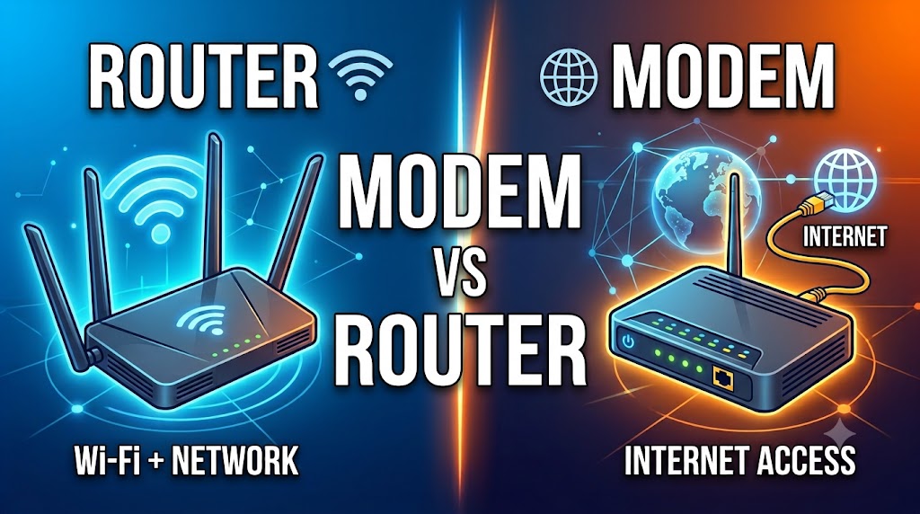 Router vs modem comparison showing the difference between internet access and network routing