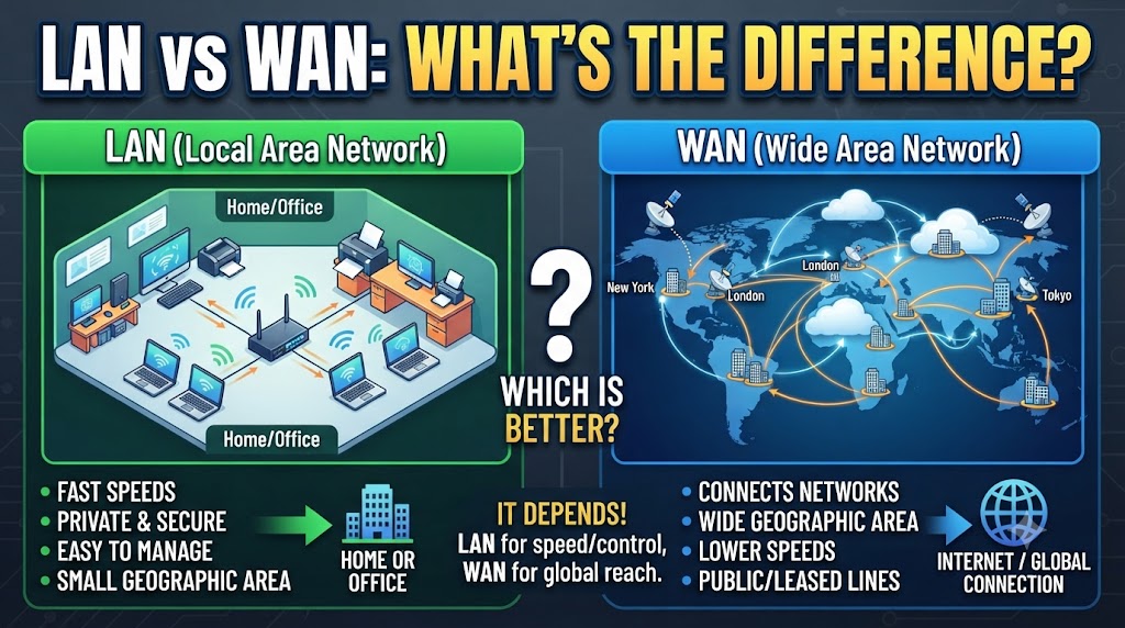 LAN vs WAN comparison showing local and wide area networks