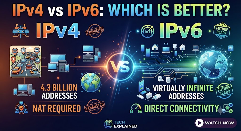 IPv4 vs IPv6 comparison showing address format and address space differences