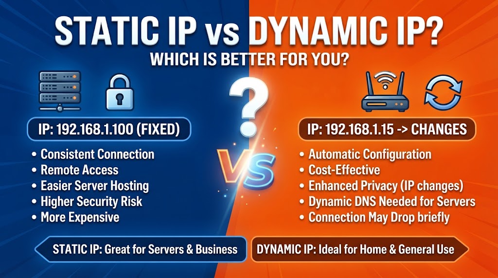Static IP vs Dynamic IP comparison showing fixed and automatically assigned IP addresses