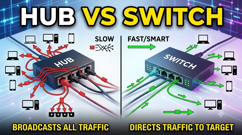 Hub vs switch comparison showing how networking devices handle Ethernet traffic