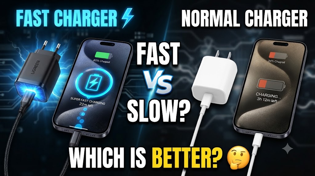 Fast charger vs normal charger comparison showing both charger types side by side