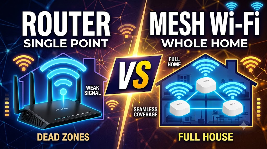 Wi-Fi router vs mesh Wi-Fi comparison showing the differences between a single router and multiple mesh nodes