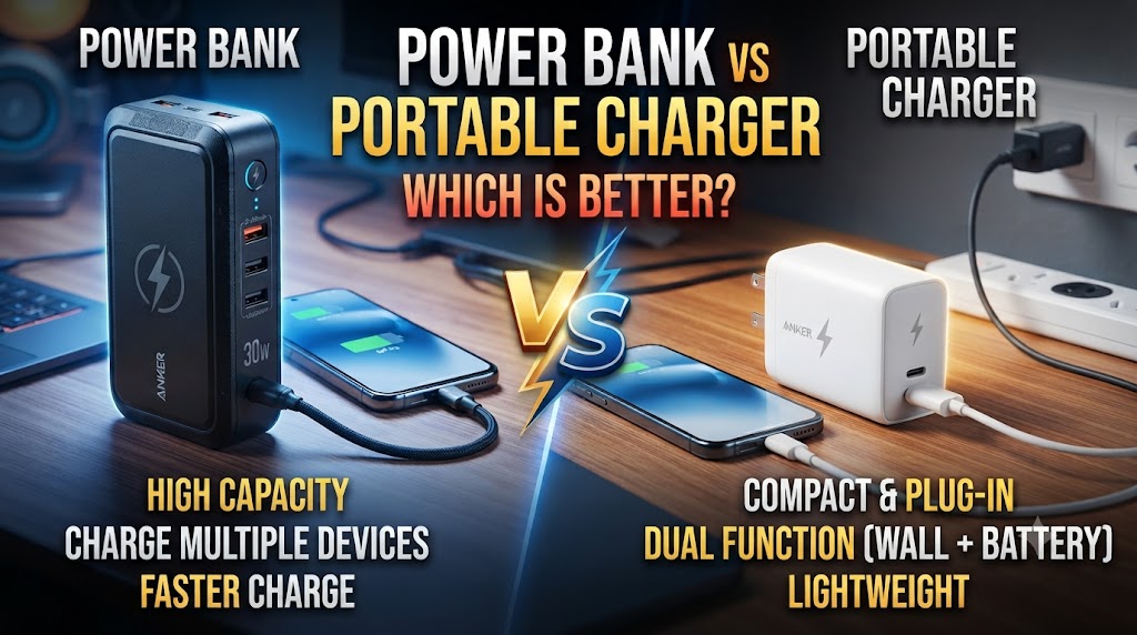 Power bank vs portable charger comparison showing portable charging devices side by side
