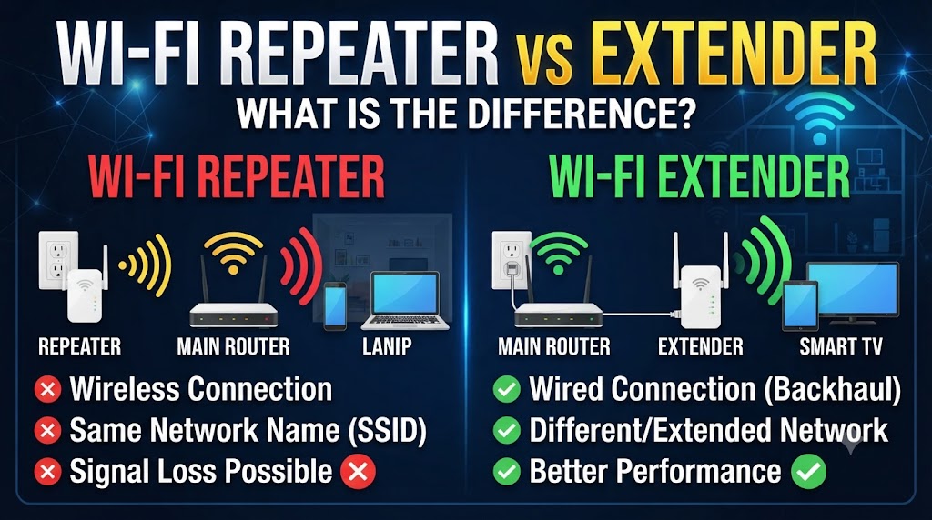Wi-Fi Repeater vs Extender comparison showing wireless signal extension