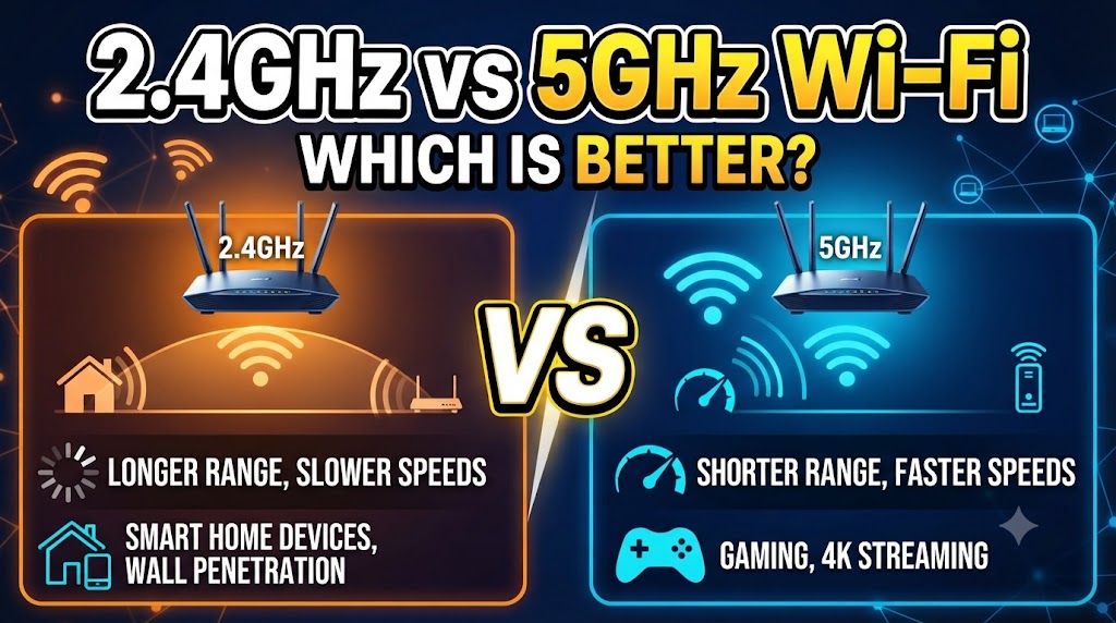 2.4GHz vs 5GHz Wi-Fi comparison showing differences in speed, range, and coverage
