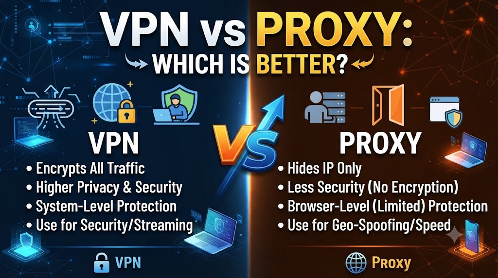 VPN vs Proxy comparison showing encrypted VPN connection and proxy server routing