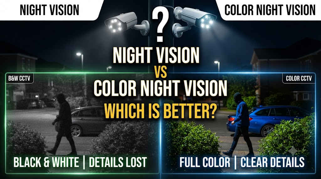 Night Vision vs Color Night Vision CCTV comparison showing black-and-white IR footage and full-color night footage