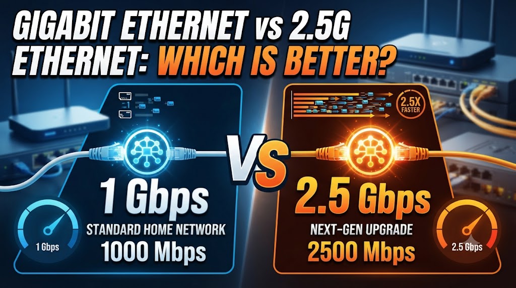 Gigabit Ethernet vs 2.5G Ethernet comparison showing 1 Gbps and 2.5 Gbps speeds