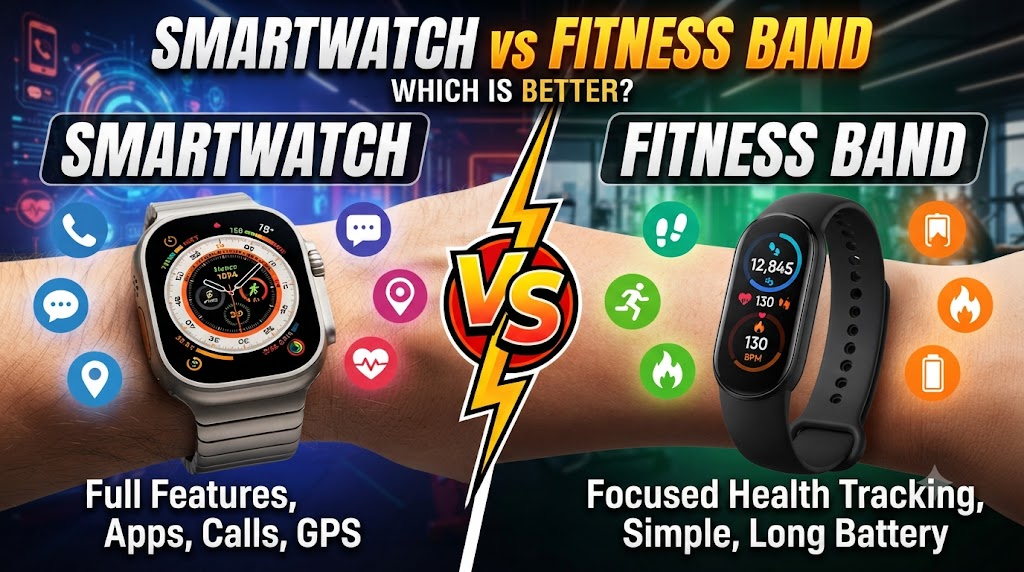 Smartwatch vs fitness band comparison showing both wearables side by side