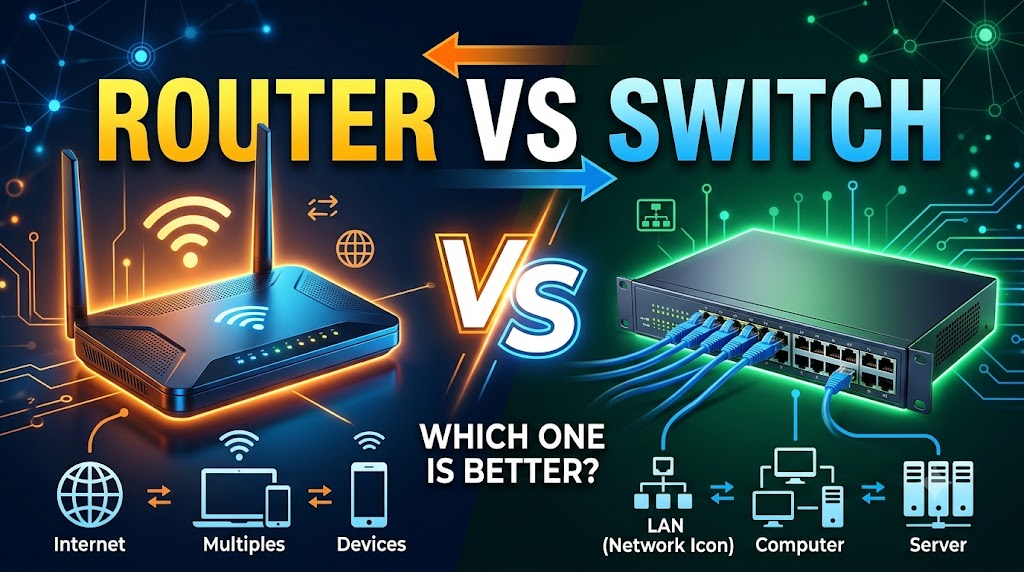Router vs switch comparison showing how each networking device connects computers and networks