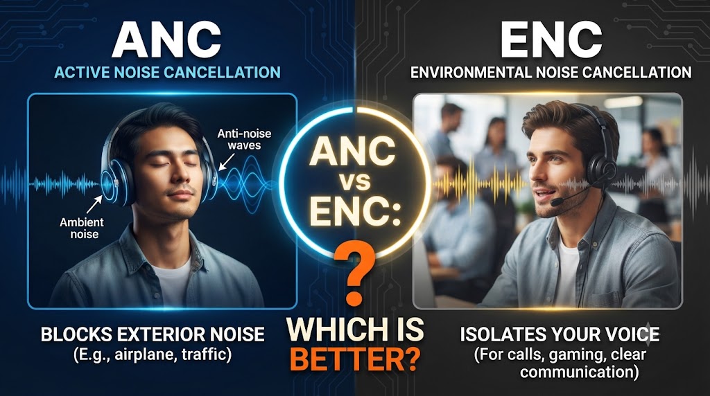 ANC vs ENC audio technology comparison showing noise cancellation for listening and voice calls