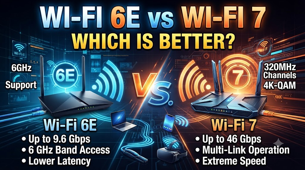Wi-Fi 6E vs Wi-Fi 7 comparison showing 6GHz, wider channels and Wi-Fi 7 features